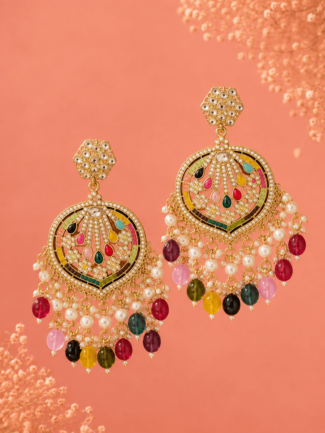 Multicolour Kundan Chandbali Earrings
