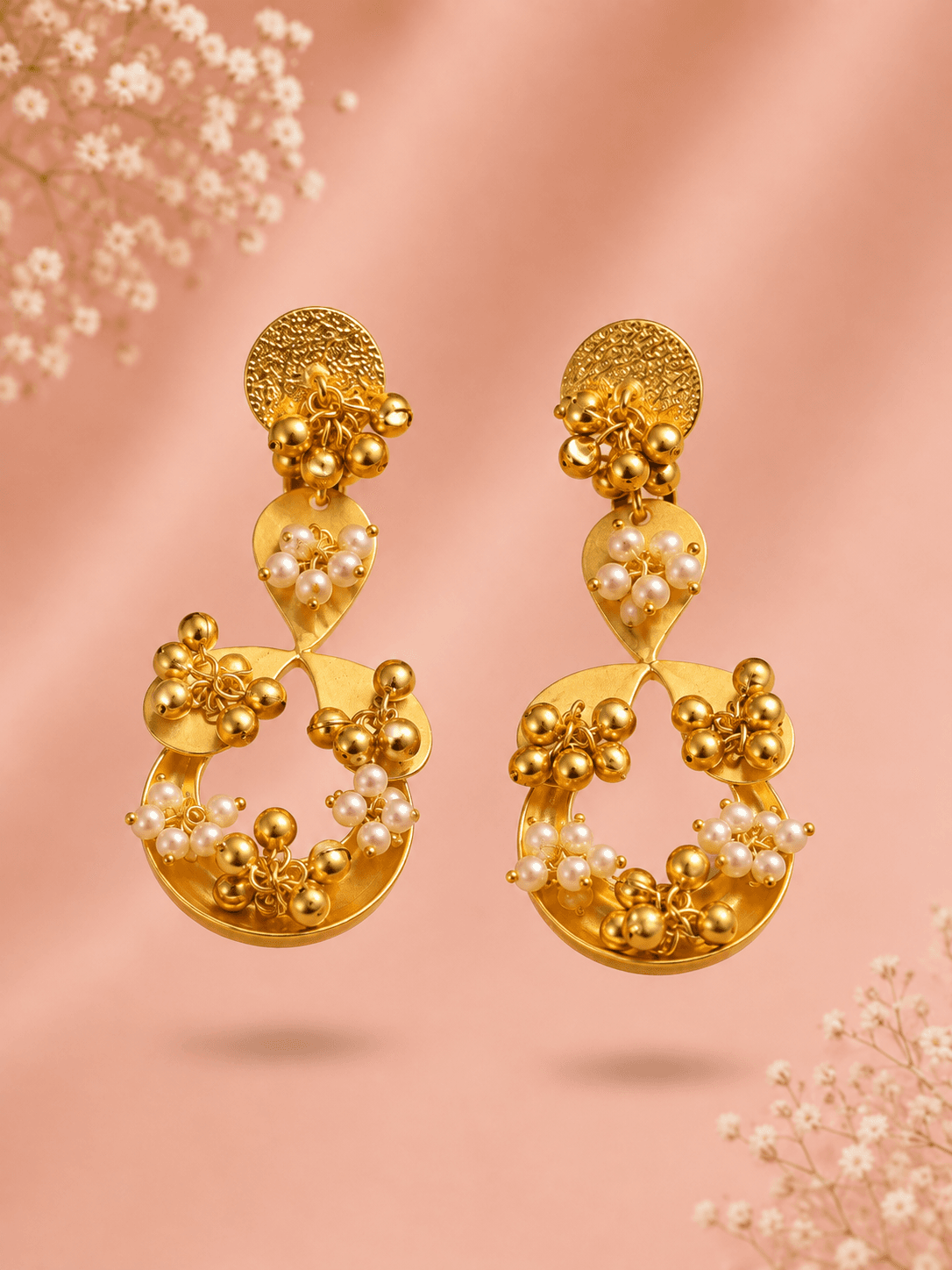 Golden Pearl Cluster Drop Earrings