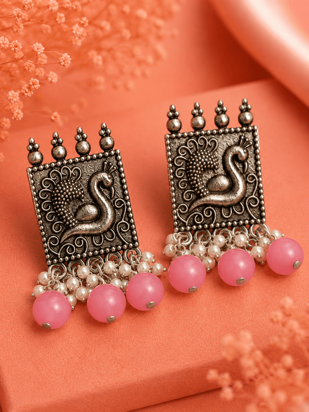 Peacock Motif Oxidised Silver Earrings with Pink Beads
