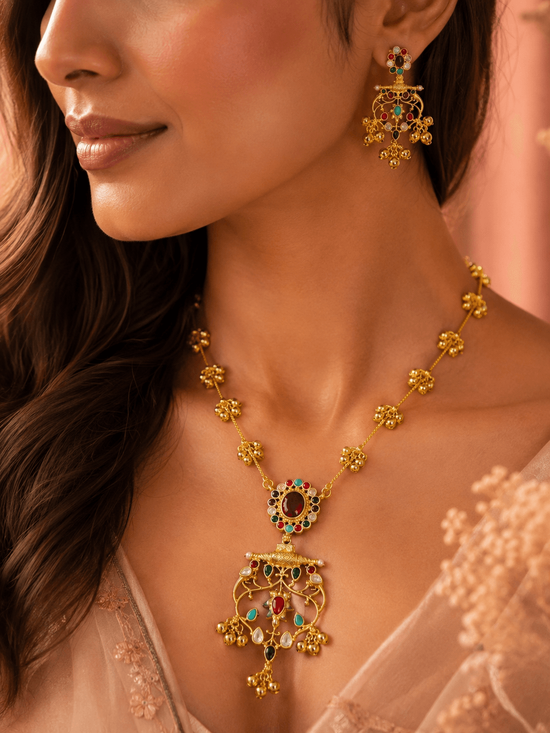 Meenakari Chandbali Necklace and Earings Set