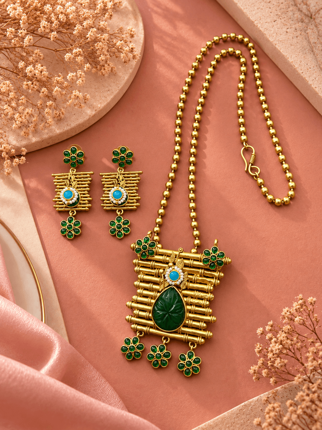 Emerald Bloom Bamboo Necklace & Earring Set