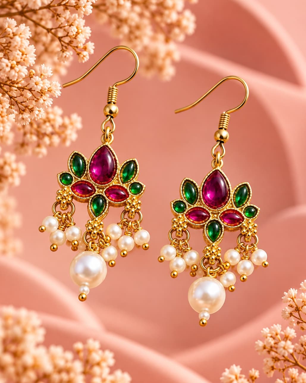 Ruby Bloom Pearl Drop Earrings