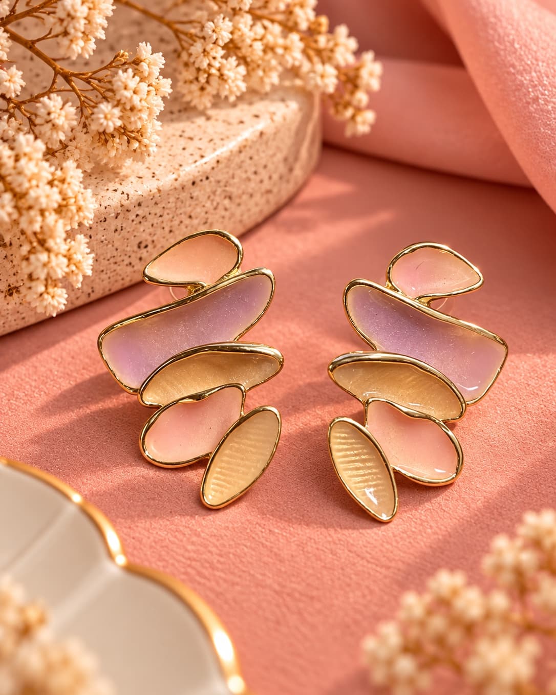 Abstract Petal Gold Drop Earrings